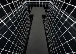 immersive light art installation that is an infinity illusion out of white and black grid. artwork by artist Jacqueline hen 